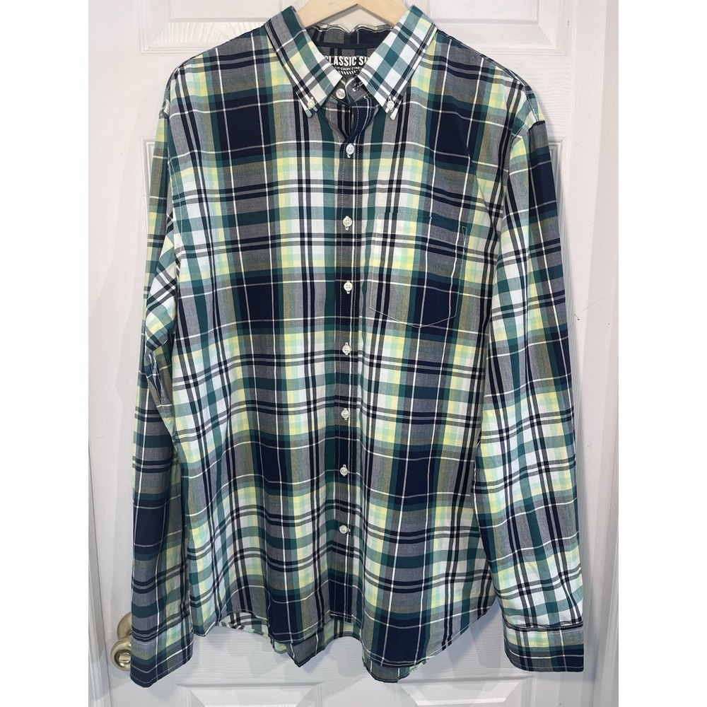Old Navy Mens XL Slim Fit Plaid Button Down Shirt Cotton Long Sleeve Blue Green